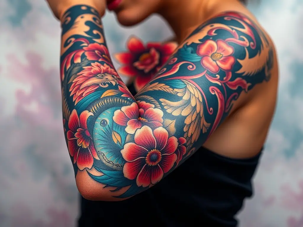 A vibrant neo-traditional tattoo featuring rich colors, intricate details, and a modern take on classic subjects like animals and portraits, highlighting the artistry of neo-traditional tattooing.