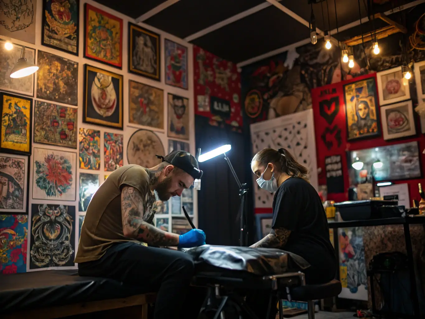 A diverse collection of tattoo designs showcasing various styles, including blackwork, geometric, and watercolor, demonstrating the shop's versatility and artistic range beyond traditional and neo-traditional styles.