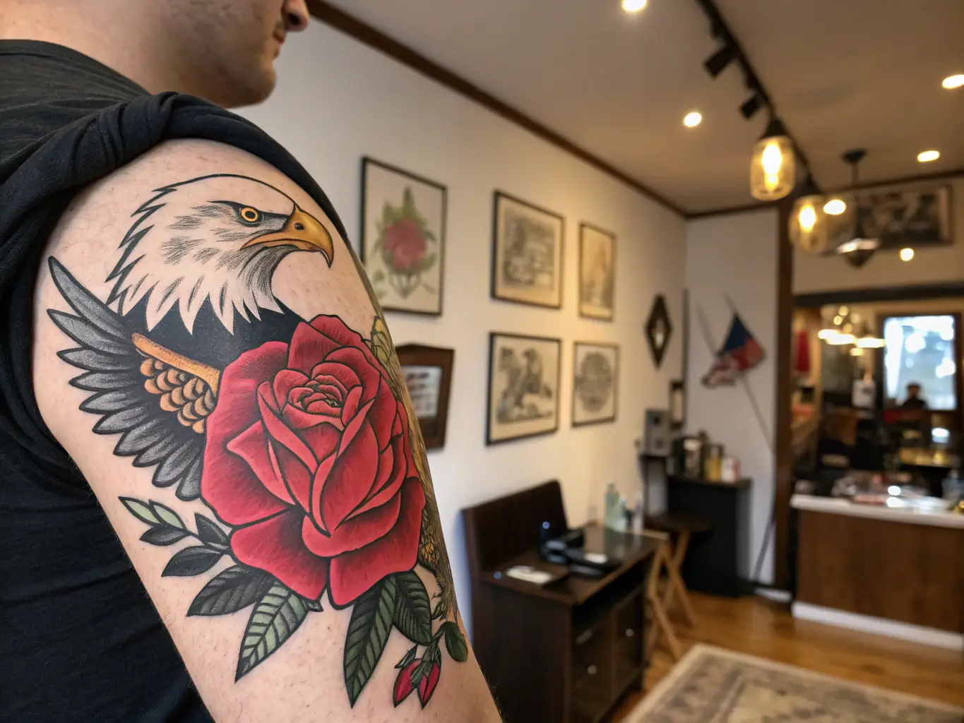 A close-up shot of a traditional tattoo featuring bold lines, classic imagery like roses and eagles, and a limited color palette, showcasing the timeless appeal of traditional tattooing.